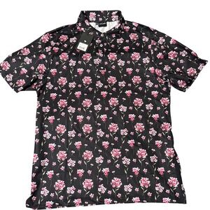 Bad Birdie Arcadia Polo Shirt Mens XL Golf Floral Pink‎ Black New
